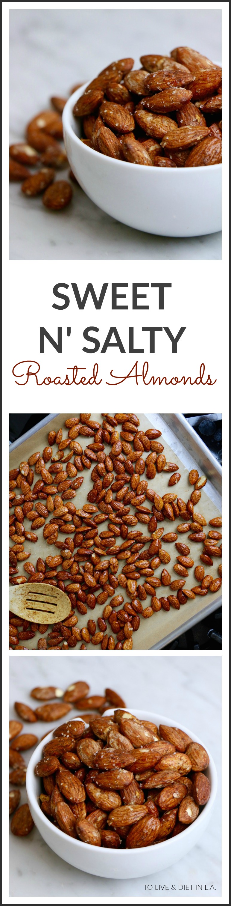 Sweet N' Salty Roasted Almonds - homemade roasted almonds sprinkled with cinnamon, sea salt and stevia. A quick, easy and healthy snack.