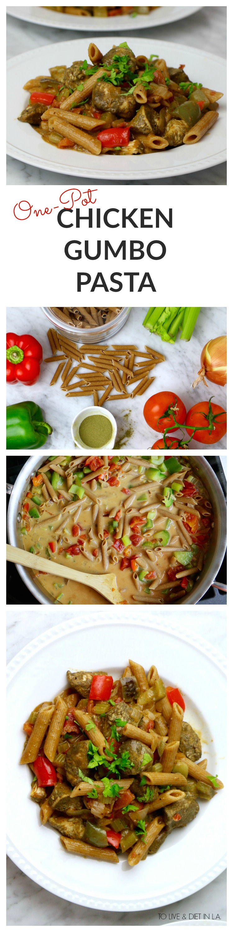 One-Pot Chicken Gumbo Pasta - a quick, no-fuss weeknight dinner with healthy whole grain pasta, lean chicken protein, and fresh vegetables. Healthy, easy, delicious! 