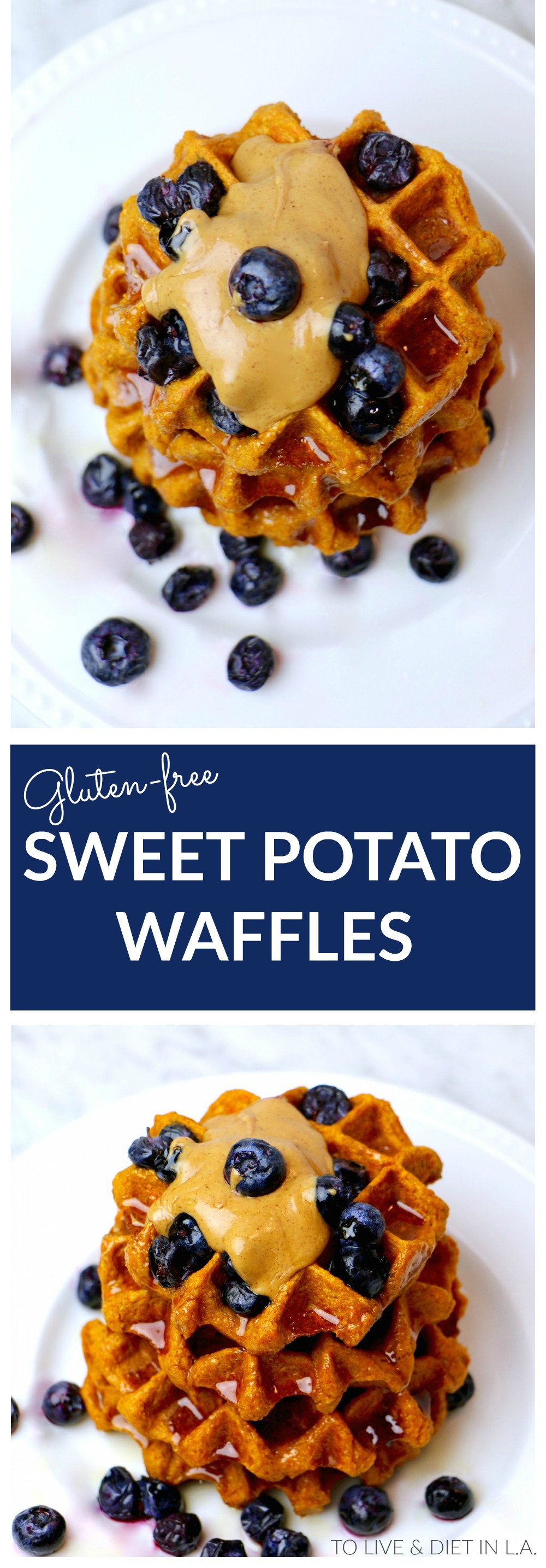 Healthy Sweet Potato Belgium Waffles made with oat flour, sweet potatoes, and whole healthy ingredients! Gluten-free - can be made vegan. #breakfast #waffles #healthyrecipes
