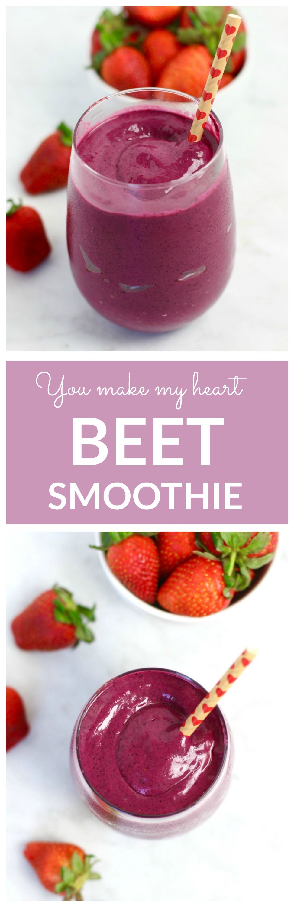 Beet Smoothie made with strawberries, blueberries, avocado, almond