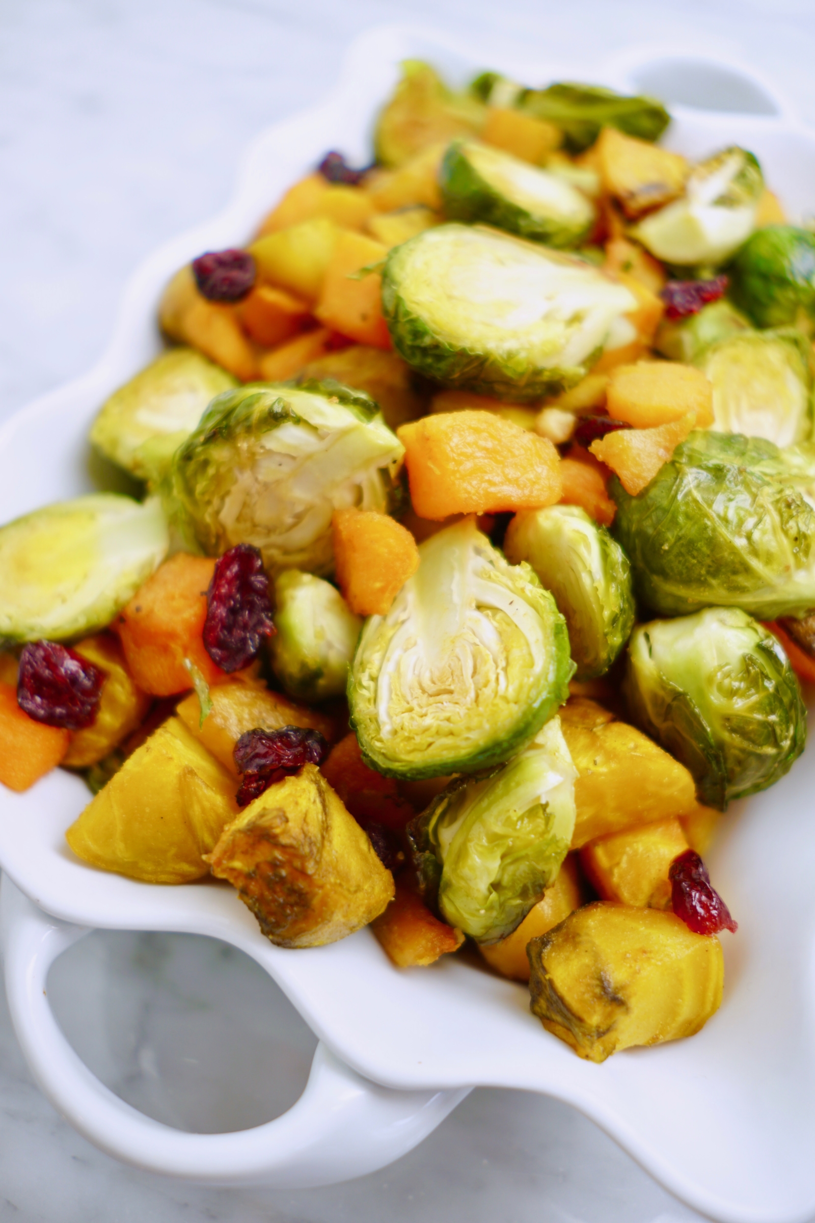 roasted thanksgiving vegetables - brussels sprouts, butternut squash, beets