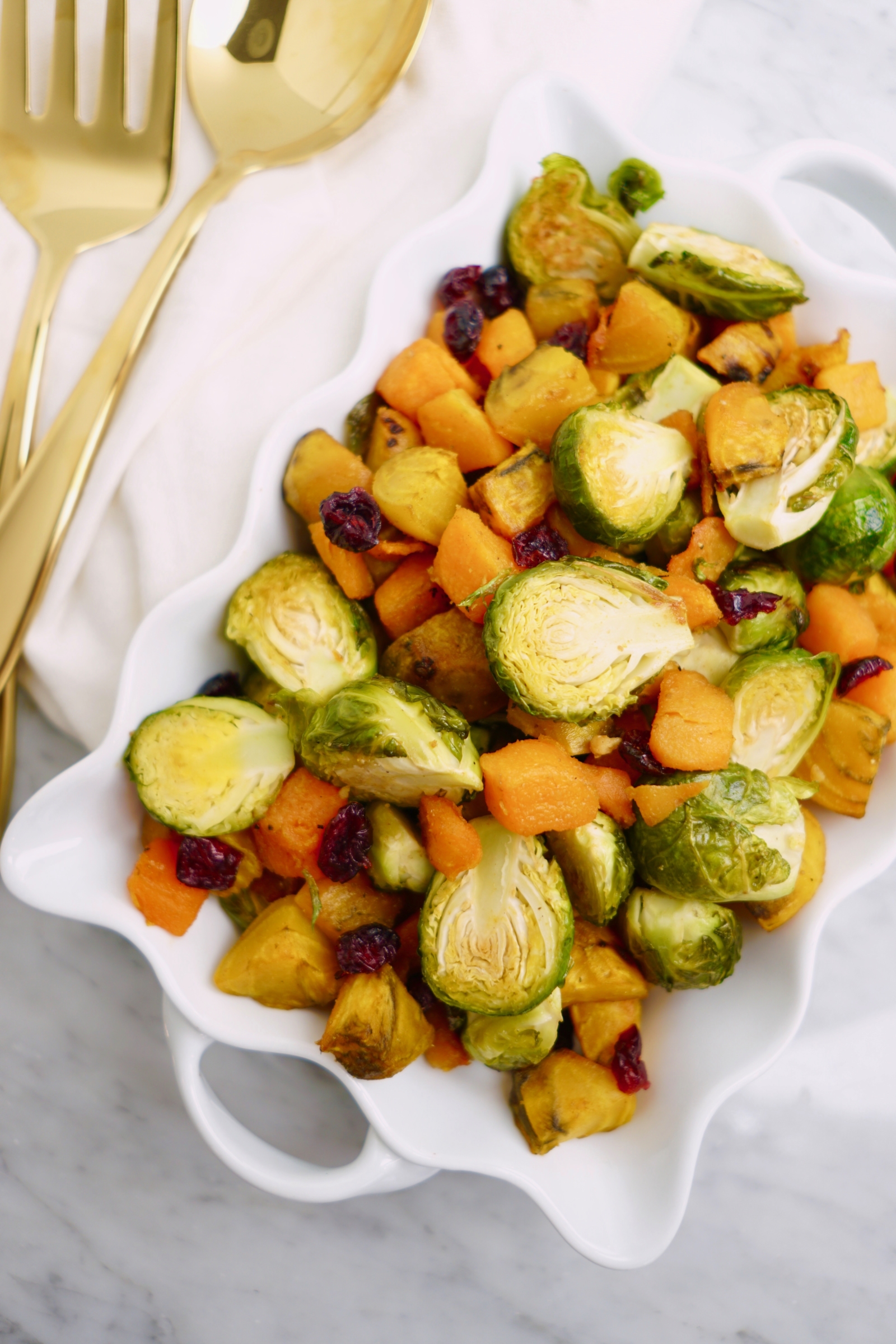 roasted thanksgiving vegetables - brussels sprouts, butternut squash, beets