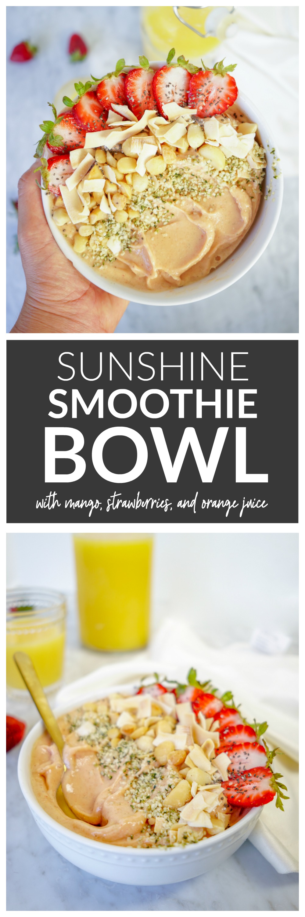 Sunshine Smoothie Bowl - with mangoes, strawberries, banana, and orange juice.