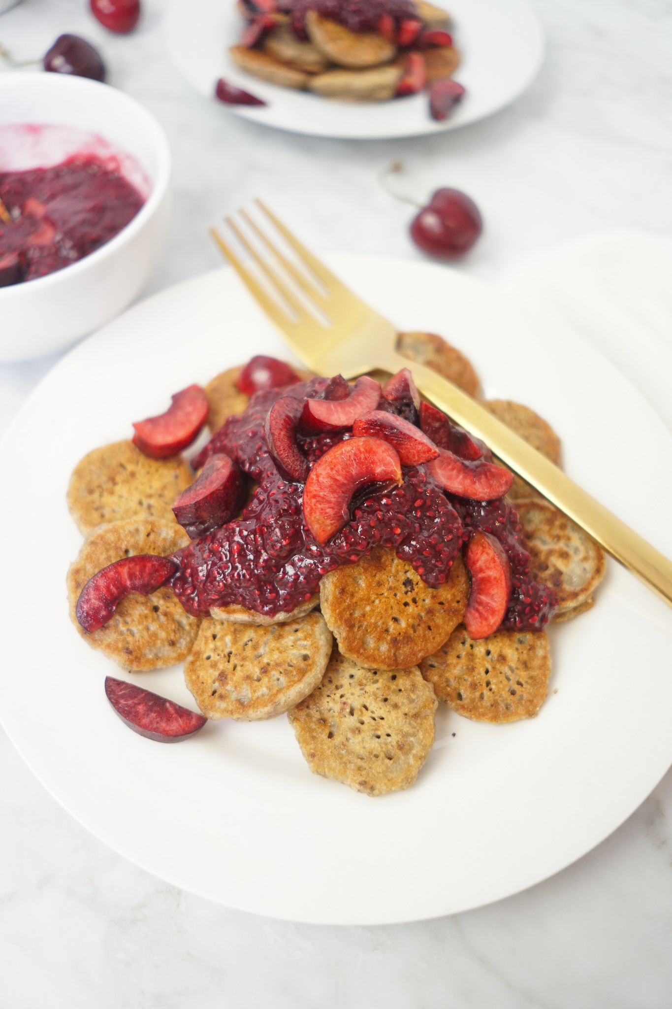 mini cherry sauce pancakes Whitney E. RD