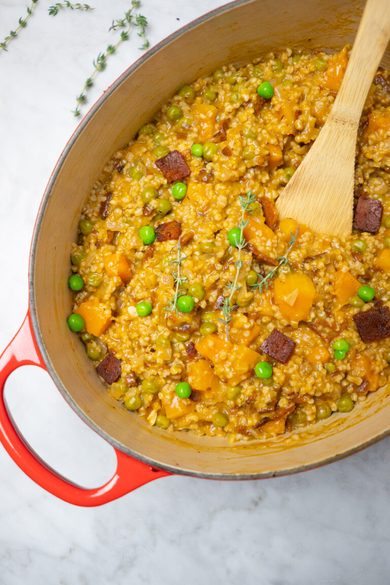 Steel Cut Oat Risotto with Butternut Squash and Vegan Bacon - Whitney E. RD